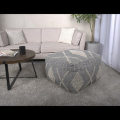 Log Large Handcrafted Faux Yarn Pouf, Ivory and Grey