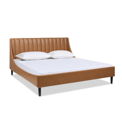 Camelot Vertical Tufted Headboard Platform Bed Set, King, Caramel Tan Brown Faux Leather