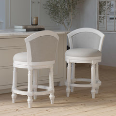 26" Wood Barrel-Back Counter-Height Bar Stool with Swivel and Upholstered Seat and Back, Farmhouse White with Light Gray Seat and Back, 1PC