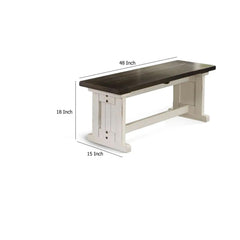 Helen Side Dining Bench, Plank Seat, Off White and Brown Wood 48 Inch