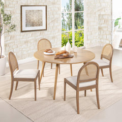 Neptune 18.5" Curved Cane Rattan Side Dining Chair, Set of 2, Ivory White Boucle