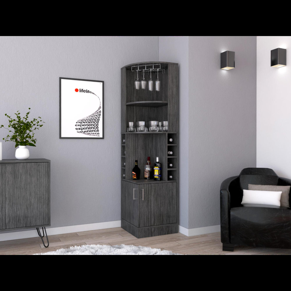 Asteroid bar cabinet 71" H , with two shelves at the top, 1 glass holder, 8 exterior bottle racks, 1 central shelf and a lower drawer with 2 side doors, Smoke oak