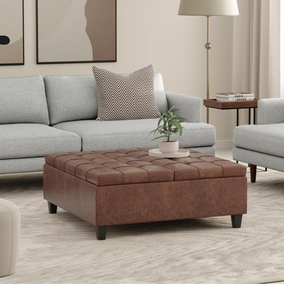 Aeneas 40 inch Wide Large Square Coffee Table Storage Ottoman in Distressed Saddle Brown Vegan Leather