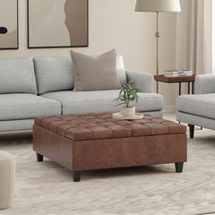 Aeneas 40 inch Wide Large Square Coffee Table Storage Ottoman in Distressed Saddle Brown Vegan Leather