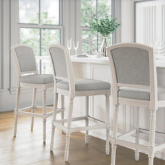 31" White Bar-Height Bar Stool with Gray Upholstered Seat and Back, 1PC