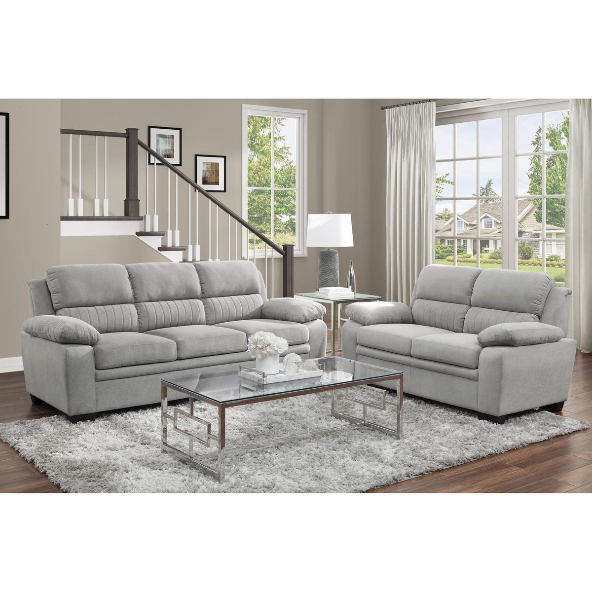 Modern Living Room 2pc Sofa Set Plush Comfortable Sofa Loveseat Set Gray Textured Fabric Channel Tufting Solid Wood Frame Furniture