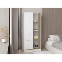 Rhea Armoire with One Door for Interior Storage with Hanging Rod, 4 Open Shelves and, One Drawer, Freestanding Wardrobe