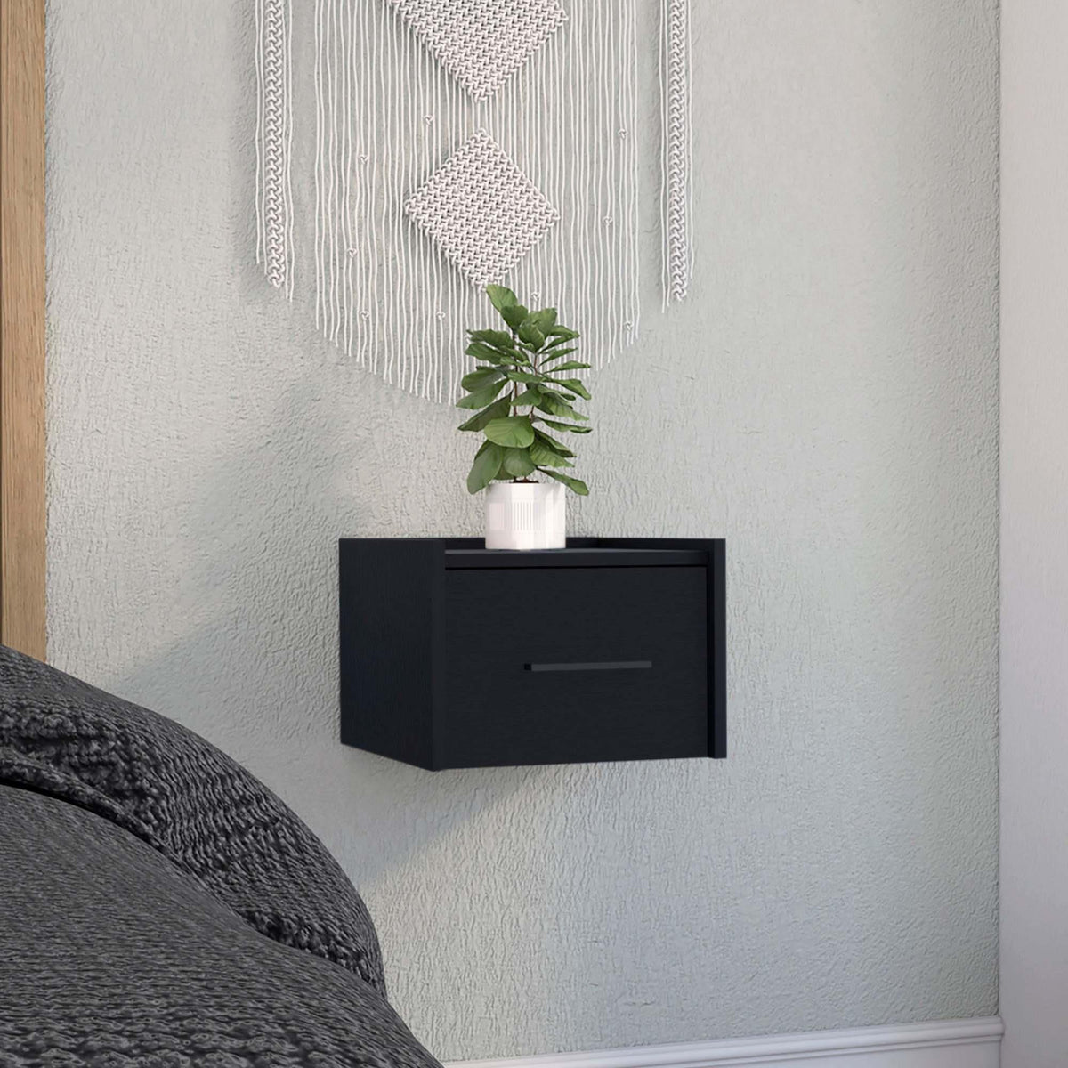 Orion Floating Nightstand , End Table, Side Table Wall-Mounted Single Drawer Design with Handle- Black - Bedroom