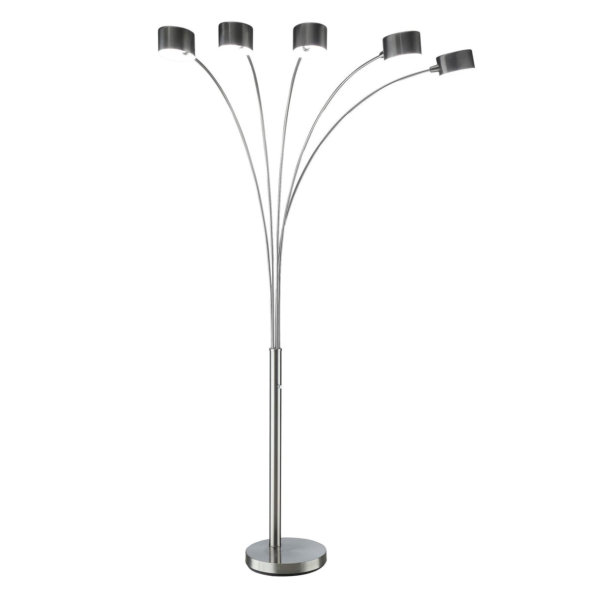 5 Arm Arched Floor Lamp, 84 Inch Chrome Metal Sleek Stem, Round Base