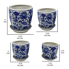 Celestia With Saucer Set of 4, Vintage Blue Floral Print, White Ceramic