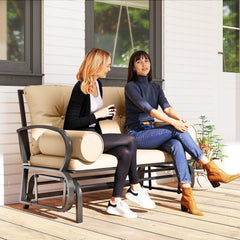 Swing Glider Rocking Chair, Double Patio Bench, 2 Person Loveseat with Steel Frame, Cushions, Pillow Armrests, Khaki