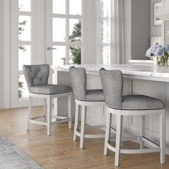 26" Upholstered Counter-Height Swivel Bar Stool with Back, White with Gray Upholstery, 1PC