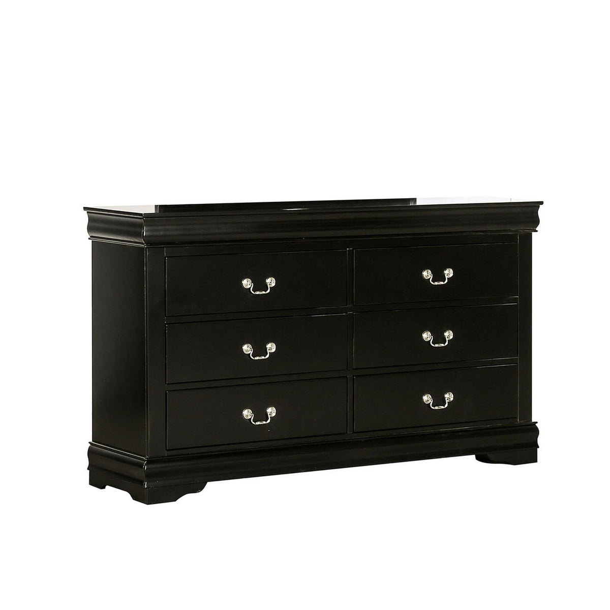 Crest Wide Dresser, 6 Drawers, Nickel Metal Handles, Black Solid Wood