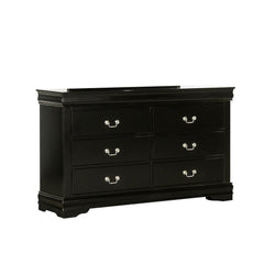 Crest Wide Dresser, 6 Drawers, Nickel Metal Handles, Black Solid Wood