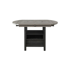 1pc Farmhouse Contemporary Counter Height Table with Storage Single Pedestal Round Black Gray Natural Grain Integrated Turntable Drop Leaves and Built-in Shelving