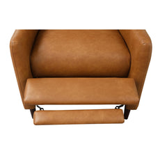 Brown Finish Mid-Century Modern Pushback Manual Recliner Tapered Legs Linen Textured Fabric High Back Subtle Channel Detail Primary Living Room