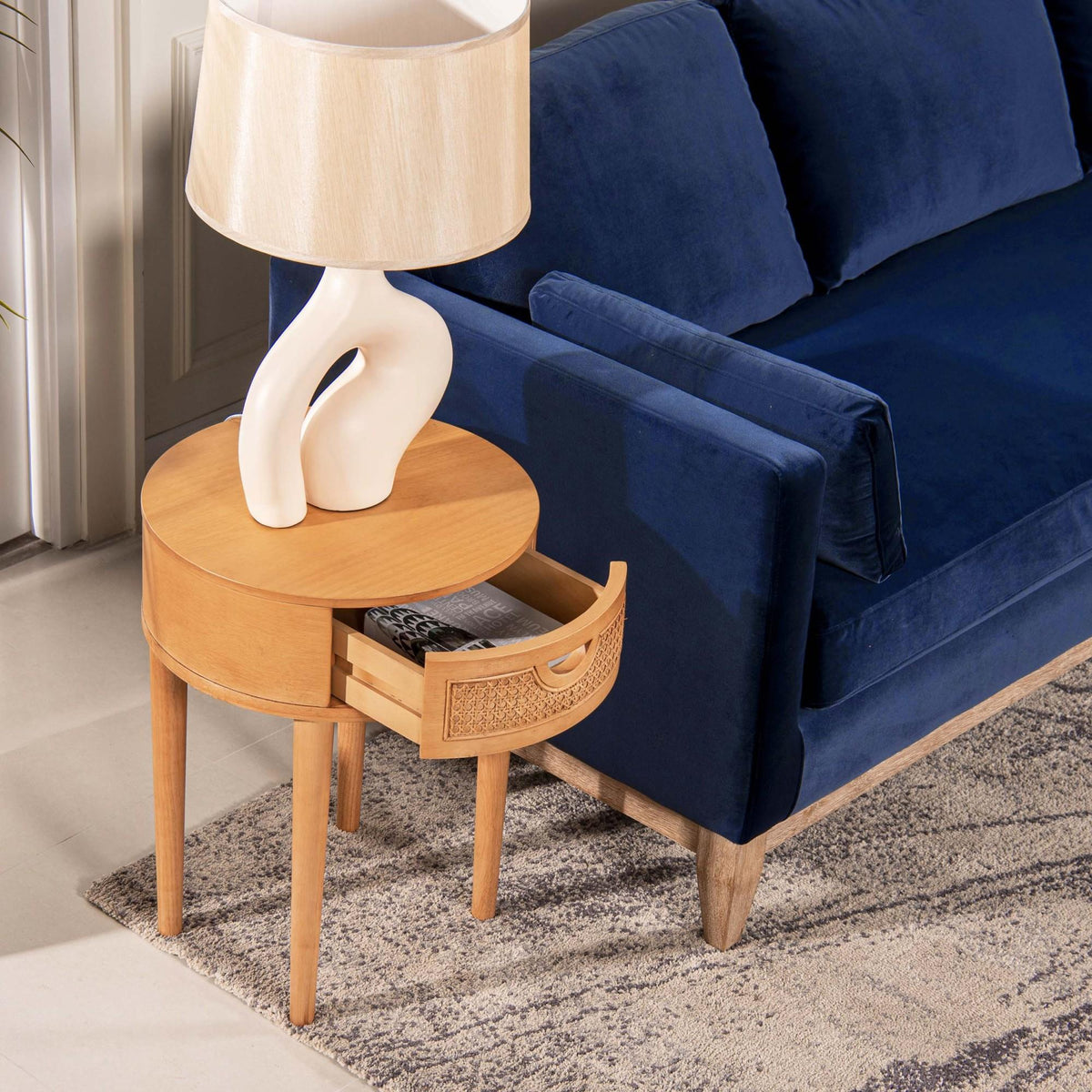Lyric 18" Round Cane Rattan Storage Side Table, Natural Brown Oak Wood