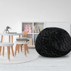 Faux Fur Bean Bag Chair, Black-5ft Cozy and Stretchable Fabric Lounger for Children and Adults with Easy-Clean Cover, Comfortable Faux Fur Seating for Bedrooms, Filled with Shredded and Memory Foam.