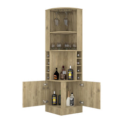 Story Corner Bar Cabinet, Eight Bottle Cubbies, Double Door, Two Open Shelves