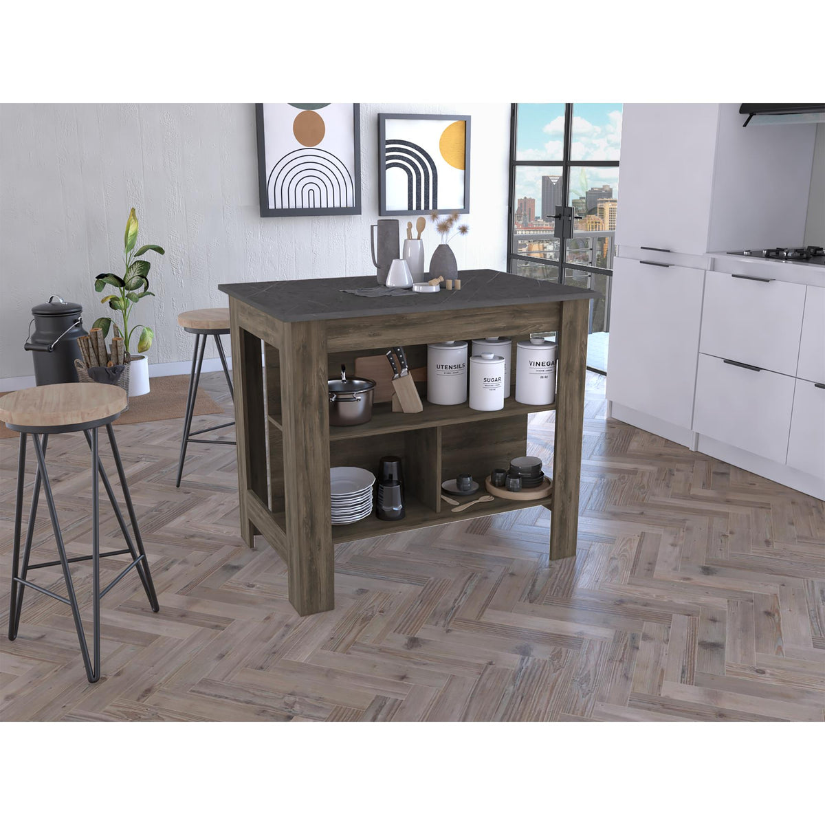 Astyanax Kitchen Island, Four Legs, Three Shelves -Dark Brown / Onyx