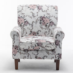 Traditional Rolled Arm Armchair, Solid Birch Wood Frame with Tapered Brown Legs, Polyester Blend Printed Cloth Upholstered Chair with Foam Filled Seat for Living Room Office