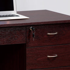 Quasar locking drawers on metal glides Student Desk Work Desk Modesty Panel Metal Bar Handles Mahogany color