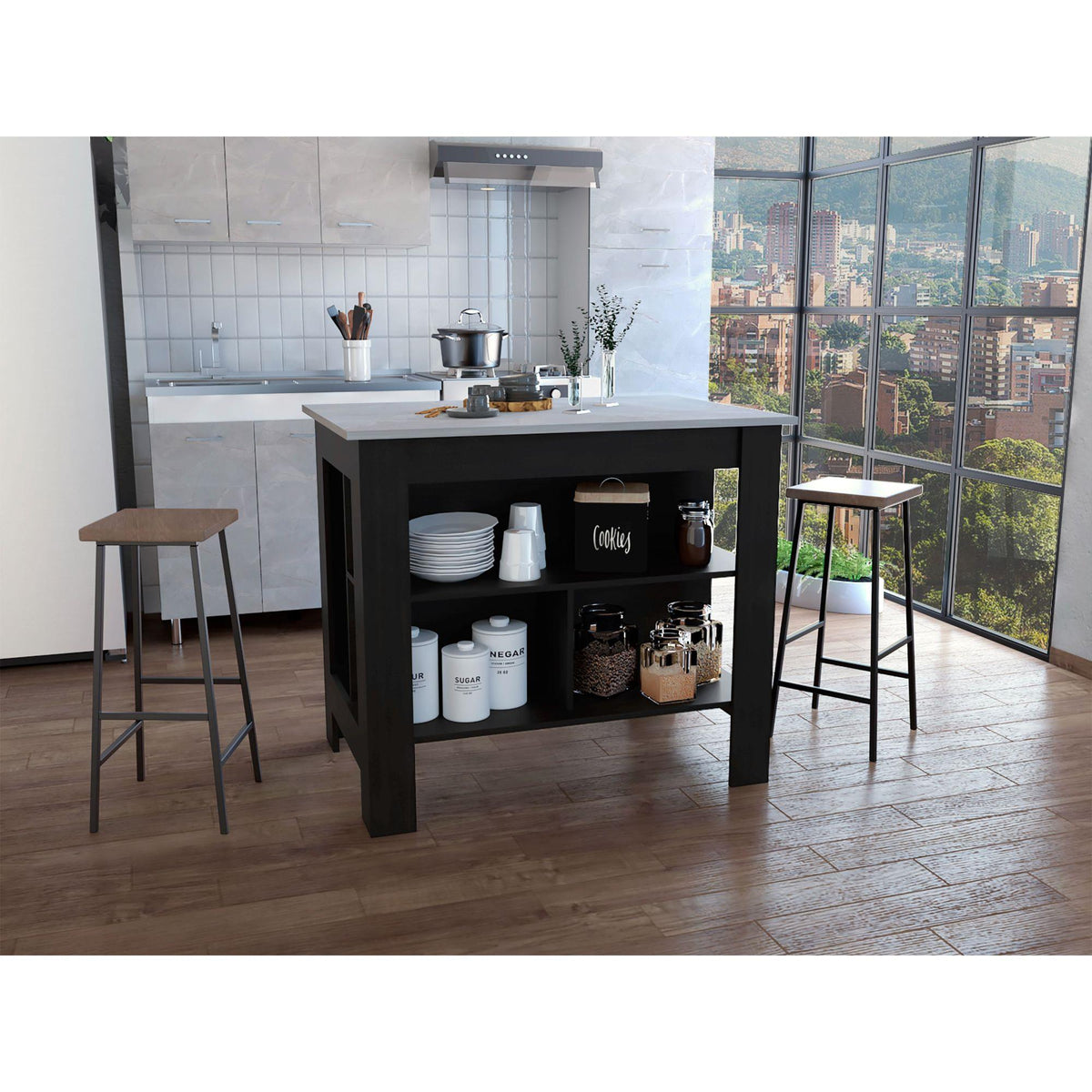 Kitchen Island, kitchen table 35" H, Four Legs, Three Open Storage Shelves, Black / Ibiza Marble Finish