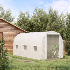 14.6' x 6.6' x 6.6' Walk-In Tunnel Greenhouse, Large Garden Hot House Kit with 6 Roll-up Windows & Roll Up Door, Steel Frame, White