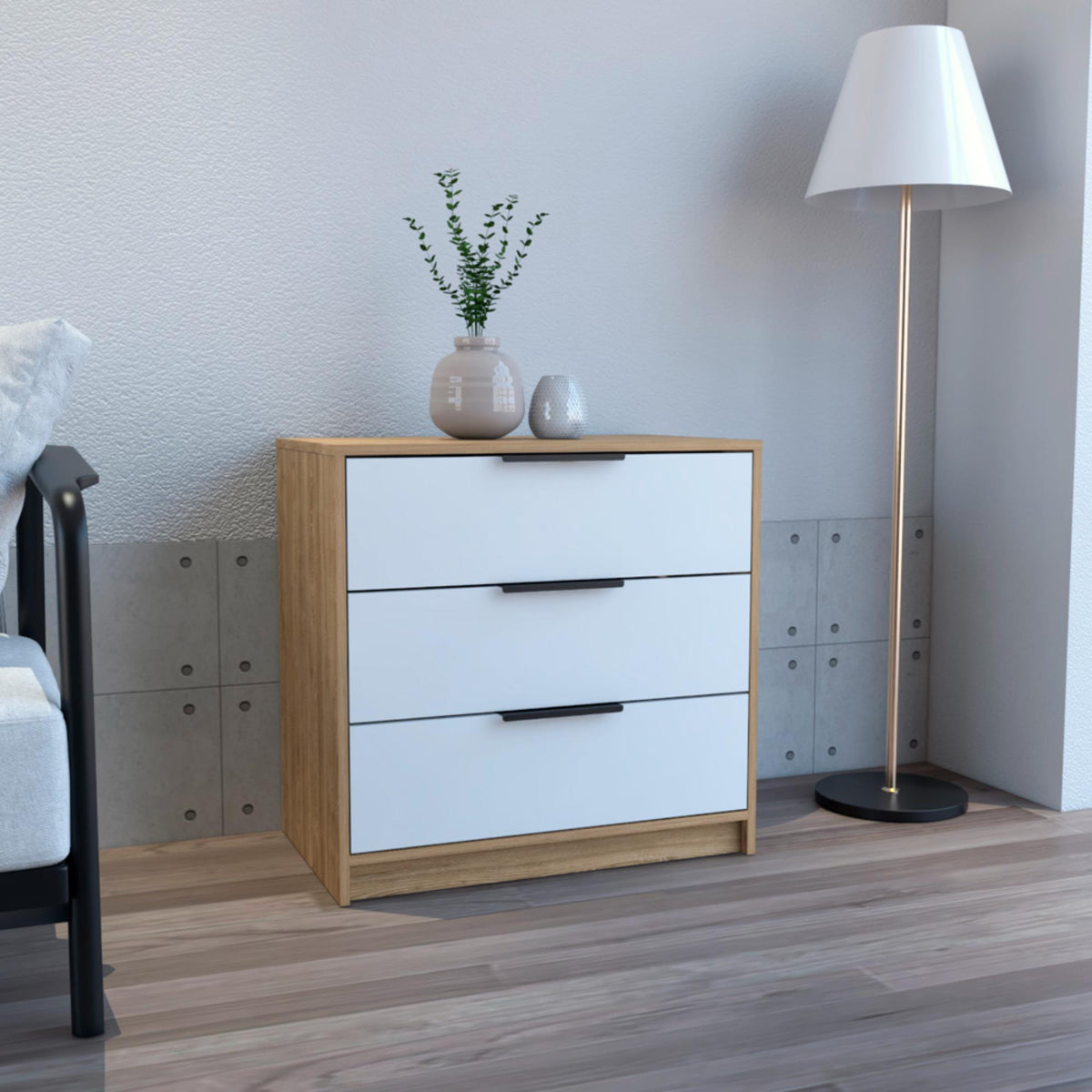 Dresser 27"H, 3 Drawers Dresser, Superior Top, White / Light Oak