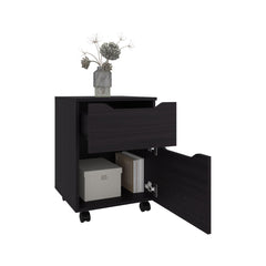 Quasar Open Shelves Nightstand With One Door, Modern Bedside Table For Bedroom Storage, Black