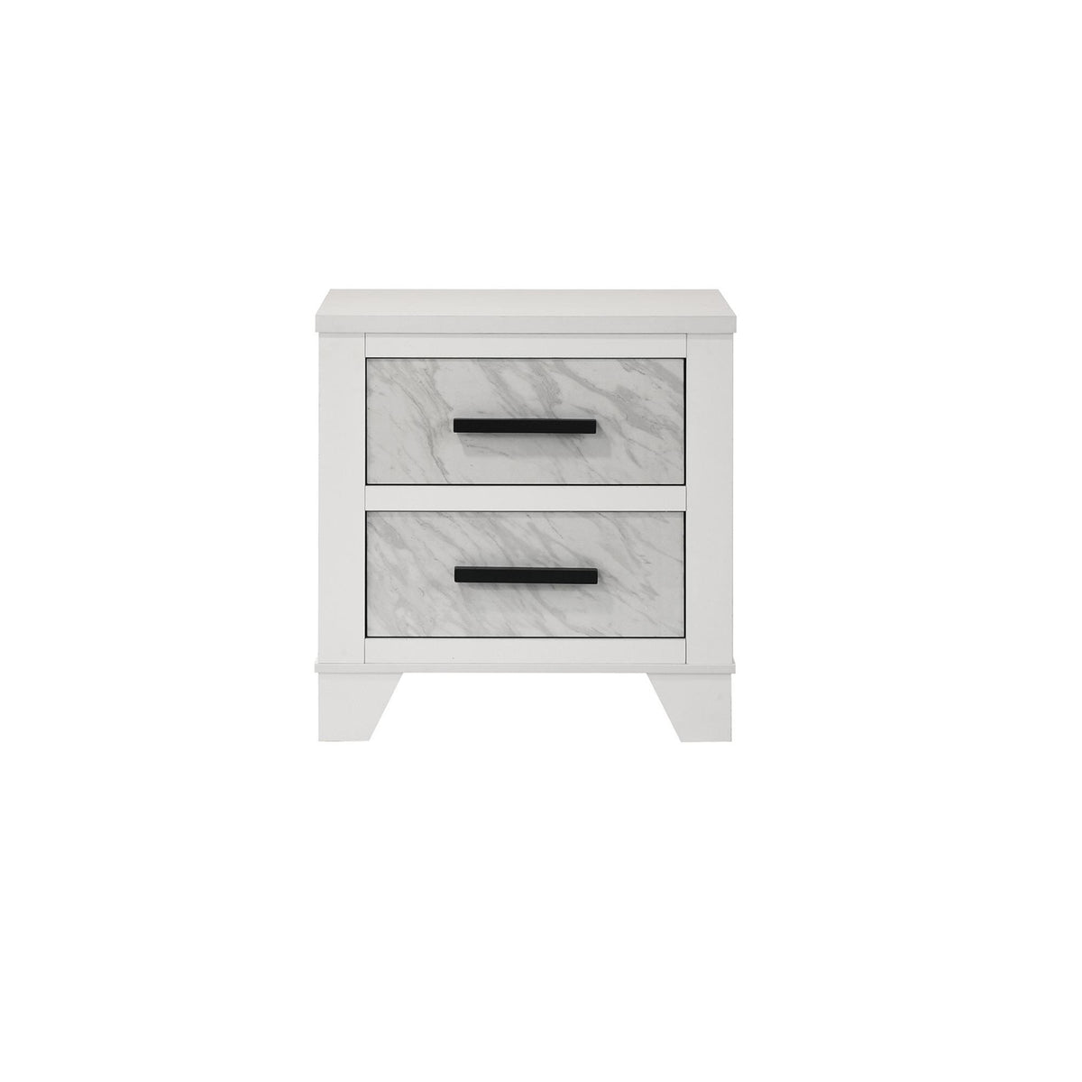 White Color 1pc Nightstand Black Bar Pulls Bedside Table Metal Center Glide Faux Marble Insert Bedroom Rubberwood