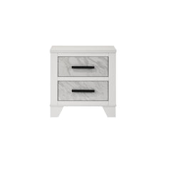 White Color 1pc Nightstand Black Bar Pulls Bedside Table Metal Center Glide Faux Marble Insert Bedroom Rubberwood