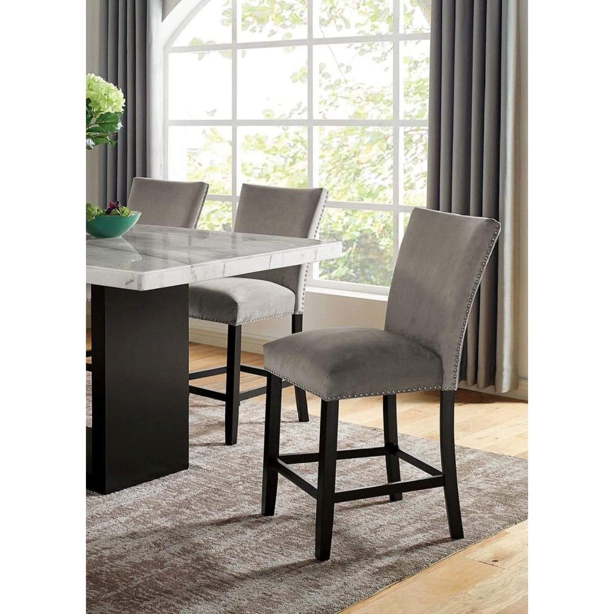 Light Gray Flannelette Contemporary 2pc Dining Counter Height Chairs Nalihead Trim Black Solid wood Legs Dining Room Chairs