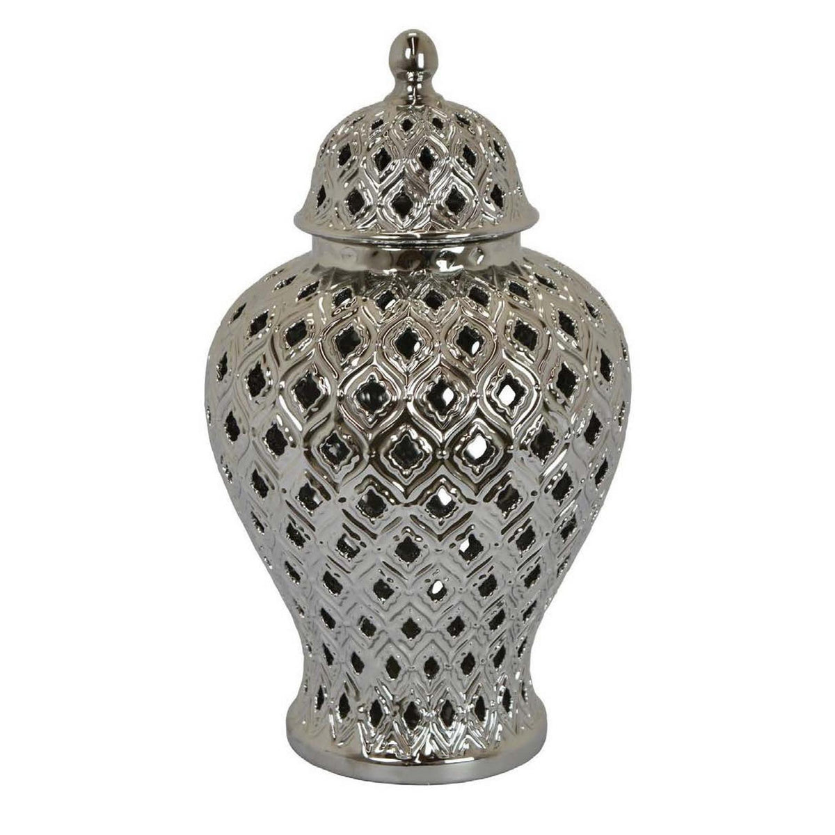 Aurora 18 Inch Temple Jar, Pierced, Carved Lattice Design, Lid, Silver