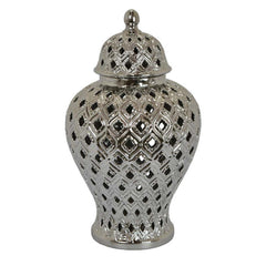 Aurora 18 Inch Temple Jar, Pierced, Carved Lattice Design, Lid, Silver