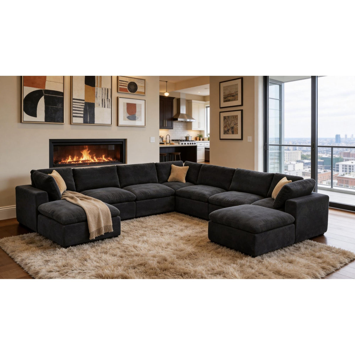 Coffee Bean Like Upholstery Full Compressed Modular Sectional with Toss Pillows
