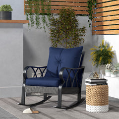 Outdoor Wicker Rocking Chair with Padded Cushions, Aluminum Furniture, Rattan Porch Rocker Chair w/ Armrest, Navy Blue