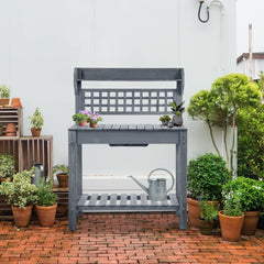 39'' Wooden Garden Potting Bench Work Table with Hidden Storage, Sliding Tabletop, Below Clapboard, Upper Shelf, Gray