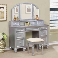 Transitional Style  1pc Vanity w/ Stool Set Knob Handles Storage Drawers 3-Sidded Mirror Silver Finish Bedroom Furniture