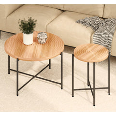 2-Piece Coffee and End Table Set – Waterproof MDF with PVC Cover, Distressed Cylindrical Design, Black Metal Legs – Classic Rustic Charm, Red Cedar-Brown