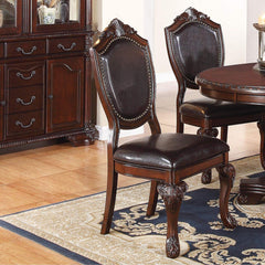 Paradise Majestic Formal Set of 2 Side Chairs Brown Color Rubberwood Dining Room Furniture Intricate Design Faux Leather Upholstered Seat