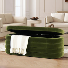Tale 49" Upholstered Oval Storage Bench, Olive Green Performance Velvet