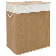 Double Laundry Basket with Lid, 26.4 Gallon Bamboo Laundry Hamper with Rope Handles and Removable Liner, Brown