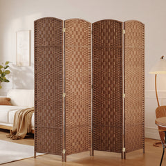 Room Divider 4 Panel, 6FT Tall Folding Privacy Screen, Freestanding Hand-Woven Partition for Room Separation with 360° Hinges, Paper Rope Diamond Weave, Natural
