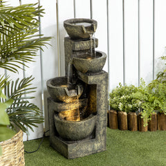 Outdoor Fountain with 4-Tier Stacked Stone Look Bowls, Cascading Waterfall, Adjustable Flow & LED Lights, Gray