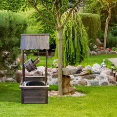 Outdoor Wooden Wishing Well Fountain with Adjustable Water Flow Rate, Rustic Waterfall Fountain, Carbonized Finish