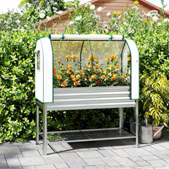 Galvanised Raised Garden Bed with Greenhouse Cover, Metal Elevated Garden Bed with Bed Liner, Bottom Shelf, Silver