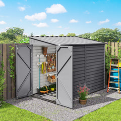 4.6' x 9' Outdoor Storage Shed, Lean to Metal Shed with Foundation Kit, Lockable Doors and Gloves for Patio, Lawn, Gray