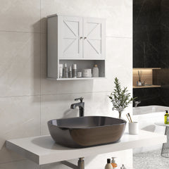 Farmhouse Bathroom Medicine Cabinet, Wall Cabinet with Barn Doors and Adjustable Shelf for Laundry Room, White