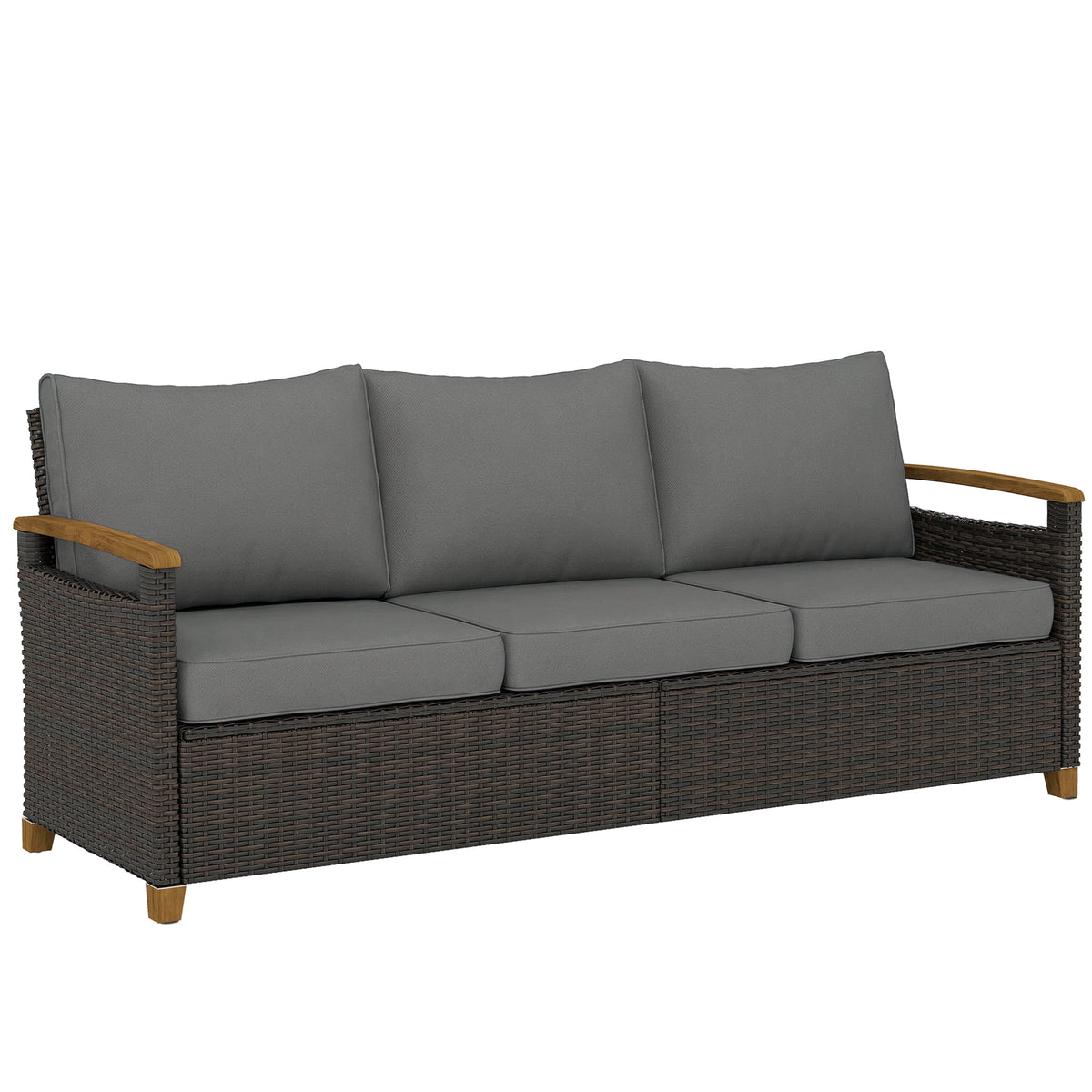 3 Seater Outdoor Couch Sofa, PE Wicker Patio Sofa, Wide Deep Seat, 4" Cushions, Wood-Effect Armrests Legs, Gray